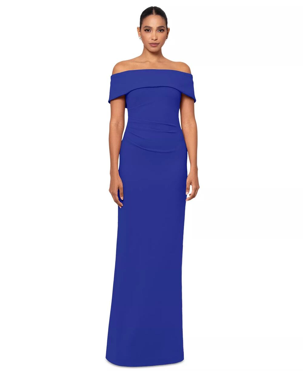 Xscape Off-Shoulder Ruched Back Cobalt Blue Maxi Gown Formal Minimalist NWT 8